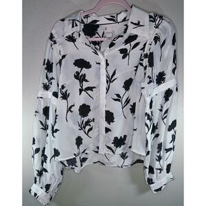 Maeve Black White Floral Sheer Blouse Size M Anthropologie Button Front